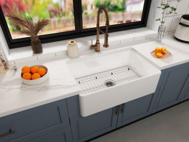 Fireclay Farmhouse Kitchen Sink 36 inch Single Bowl Apron Sink with Bottom Grid in & Drain ; White Color