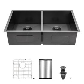 Double Equa Bowl Undermount Sink- 33"x19" Gunmetal Black Double Bowl Kitchen Sink 18 Gauge with Two 9" Deep Basin