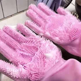 1pair Kitchen Silicone Dishwashing Gloves; Housework Cleaning Waterproof Insulation Magic Gloves; Dishwashing Brush (Material: Silica Gel, Color: purple)